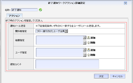ワークフロー定義：フロー定義画面：終了通知(1)